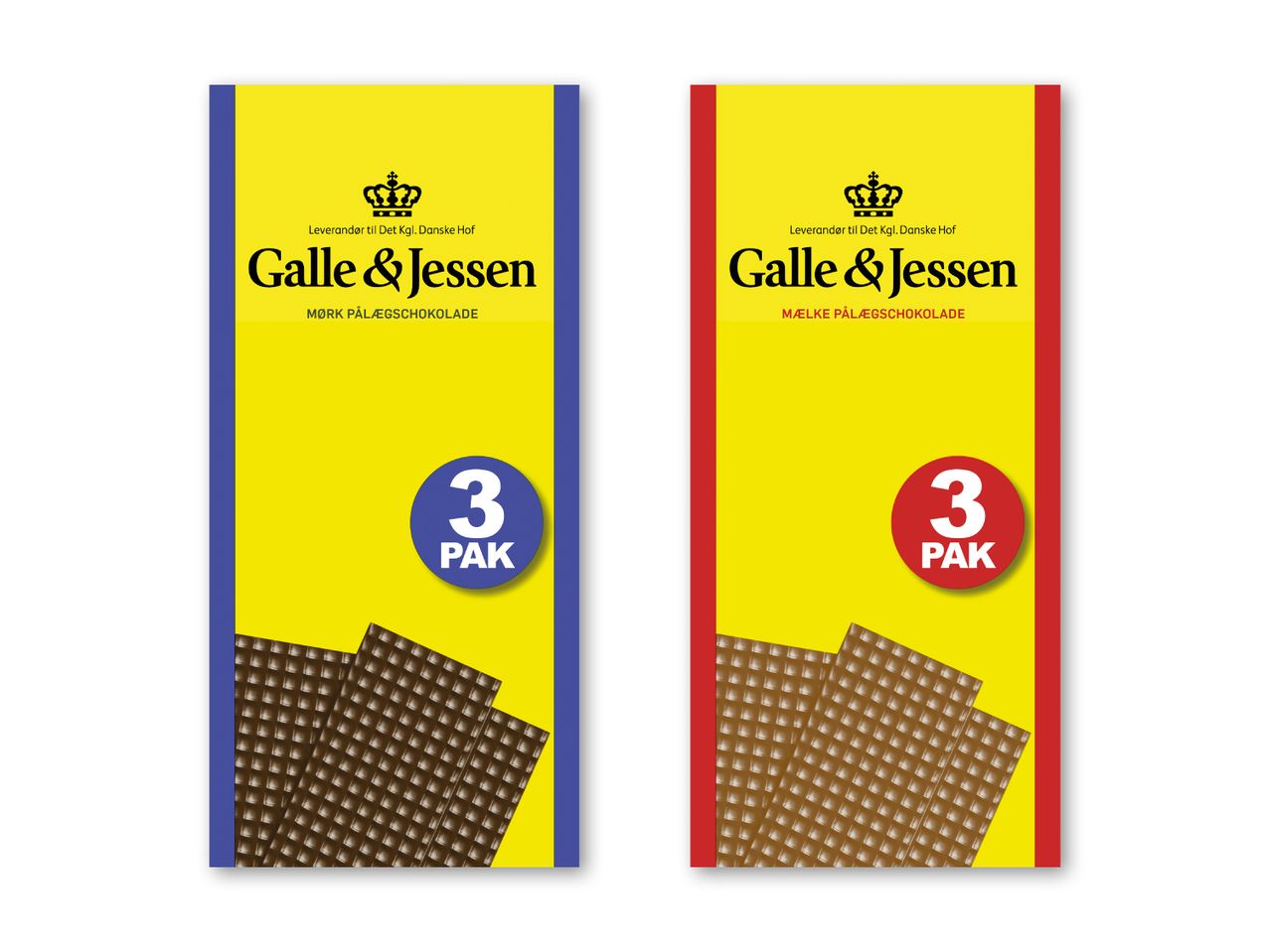 To pakker Galle & Jessen pålægschokolade, en mørk og en mælke.