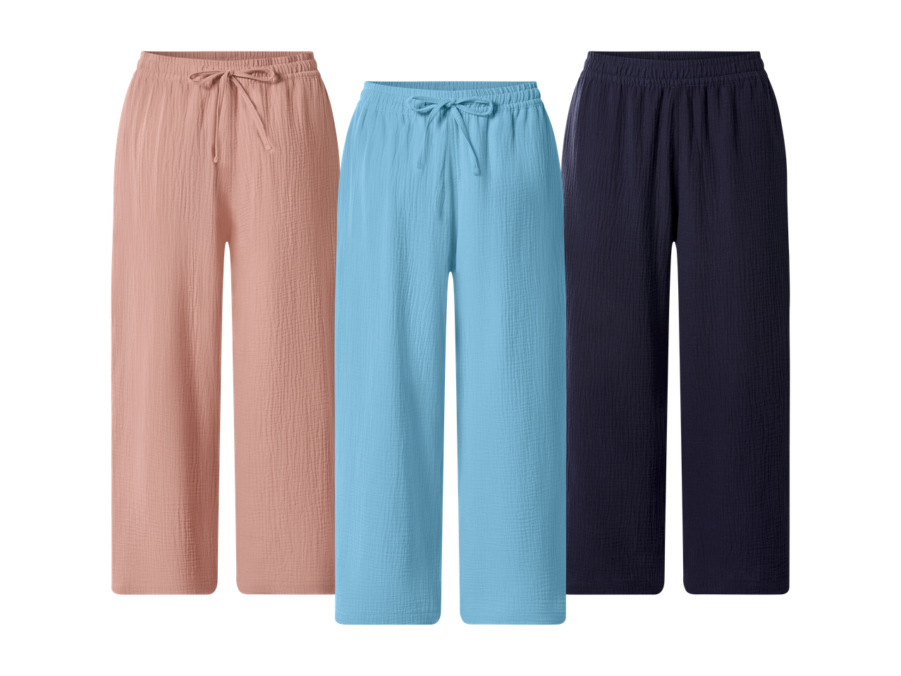 Trije pari širokih hlač iz krep tkanine v rožnati, svetlo modri in temno modri barvi.