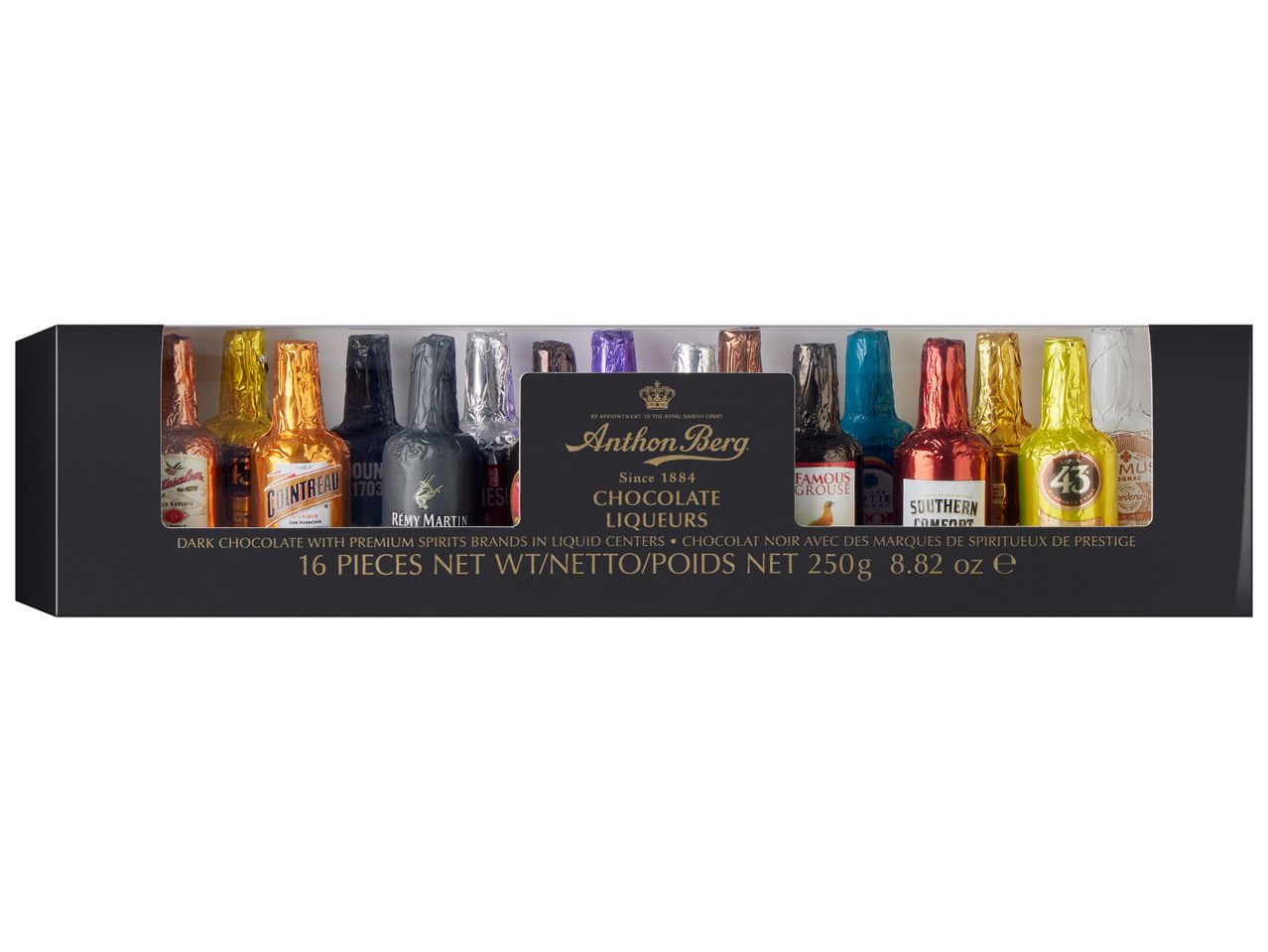 Кутия шоколадови бонбони Anthon Berg с ликьор, включваща марки като Cointreau и Rémy Martin.