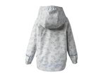 Kids' light grey rain jacket with a playful car pattern and reflective strips, back view.