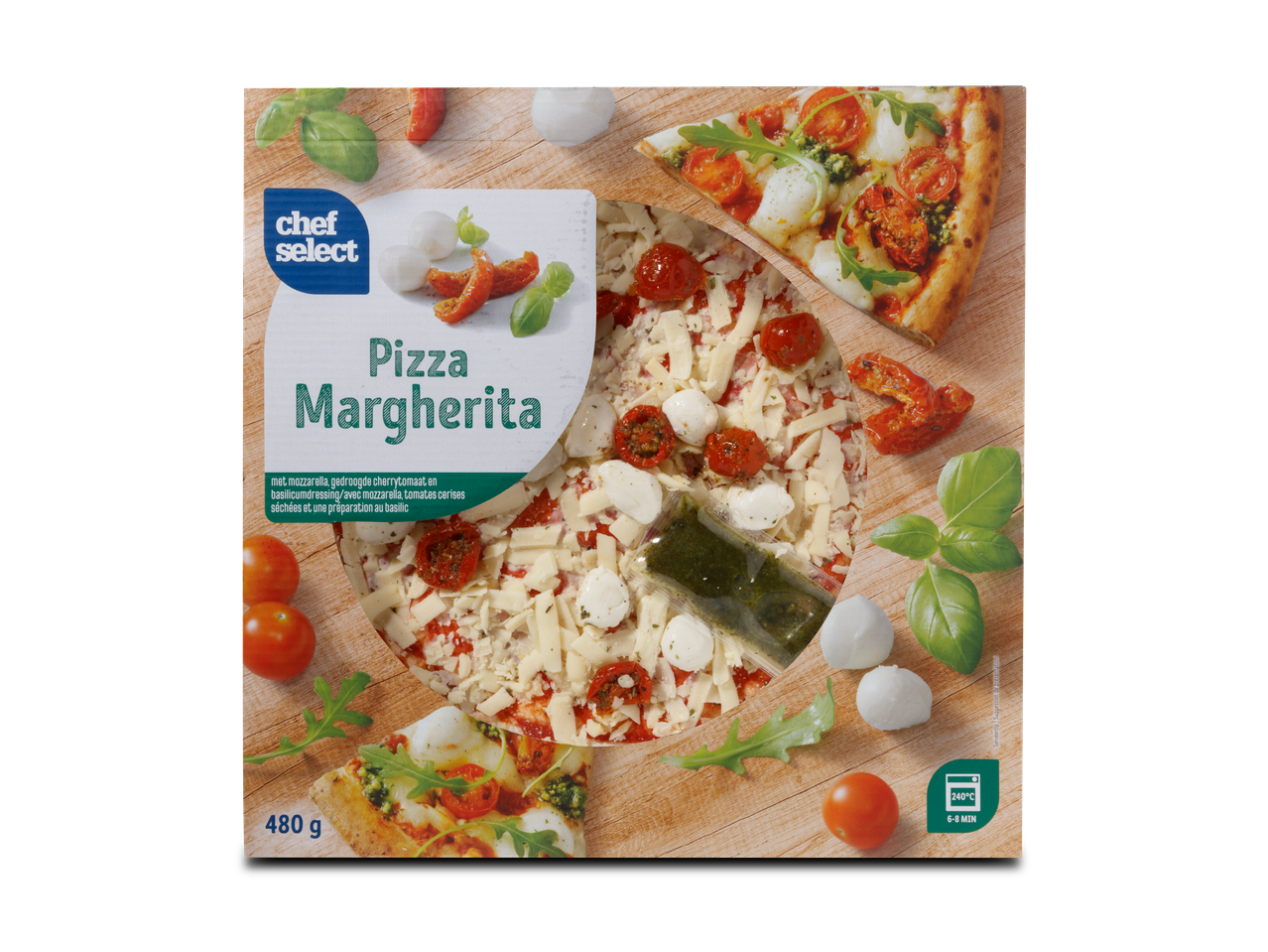 Chef Select Pizza Margherita: mozzarella, tomaten, basilicum.