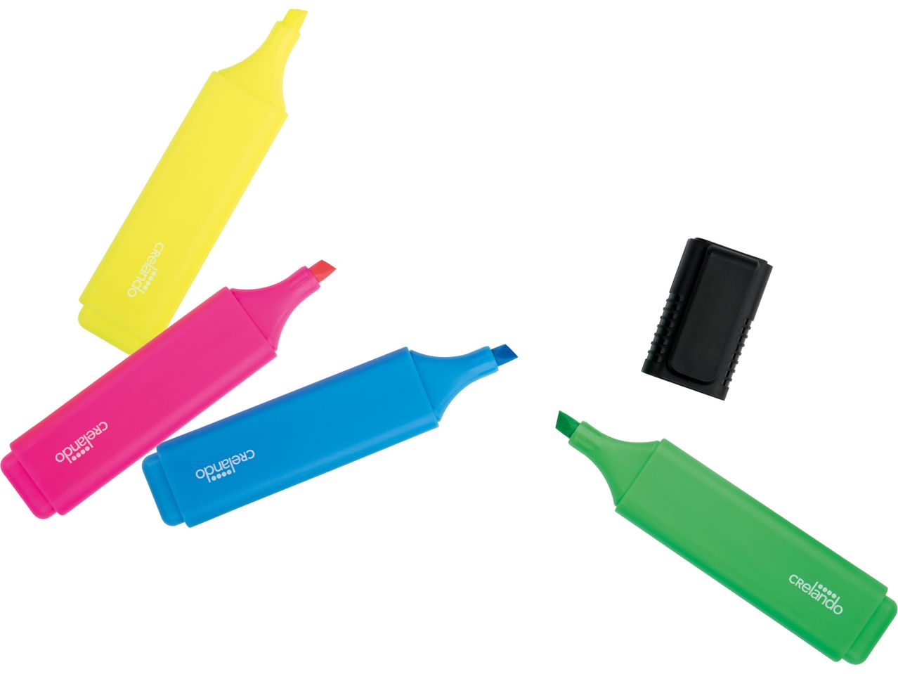 Four bright highlighter pens (pink, yellow, blue, green) and a black marker cap.