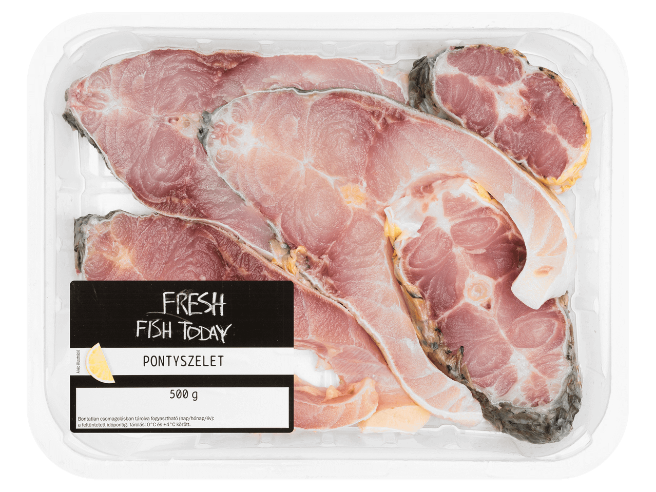 Friss, csomagolt pontyszelet 500 g-os kiszerelésben.