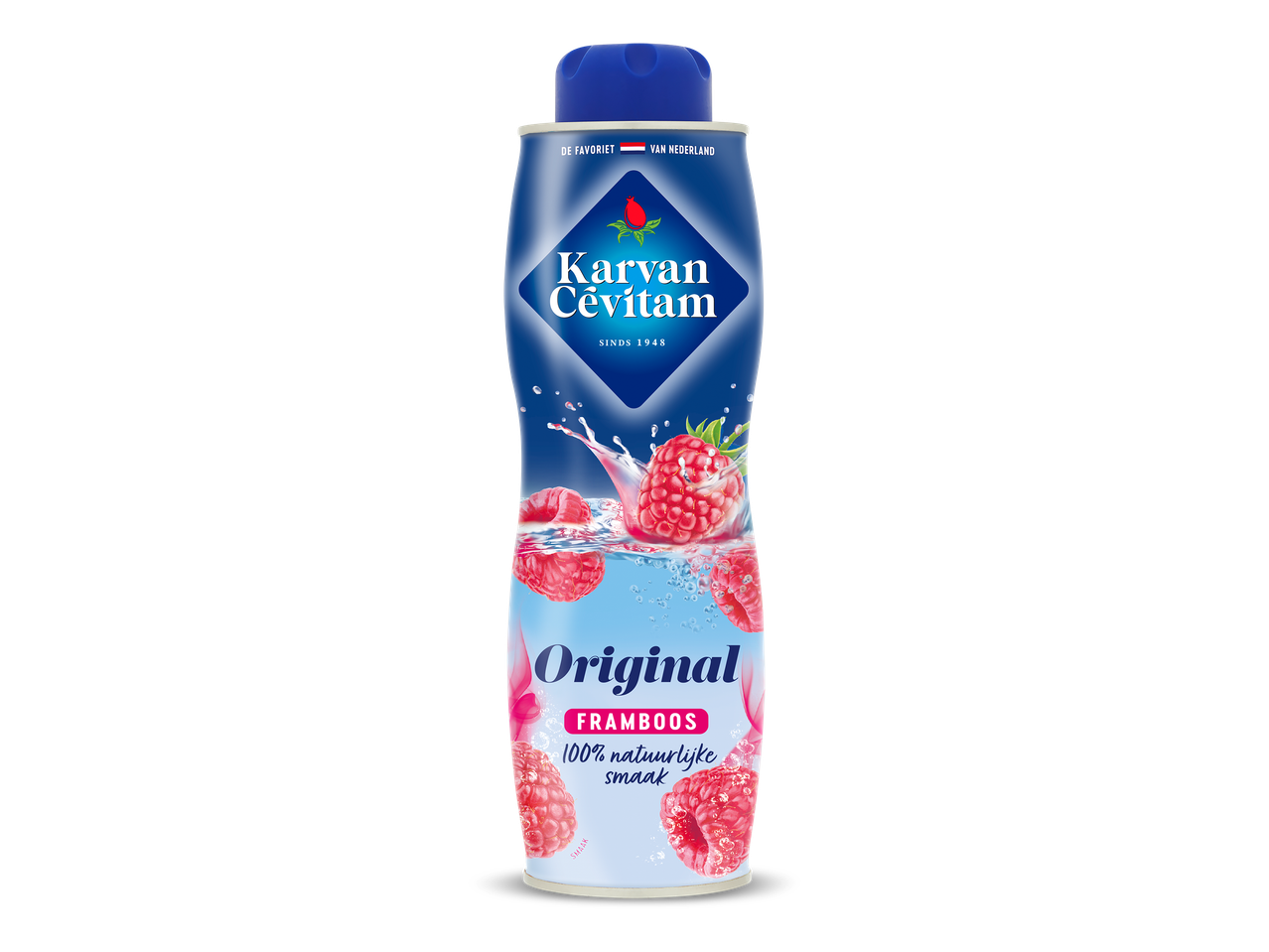 Een fles frambozensiroop met de tekst 'Original Framboos, 100% natuurlijke smaak'.