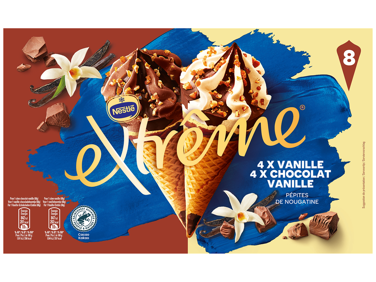 Boîte de 8 cornets de glace, 4 vanille et 4 chocolat vanille, avec pépites de nougatine.