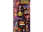 Stickers met dinosaurussen en Paw Patrol-personages, met de tekst „STOMP AROUND”.