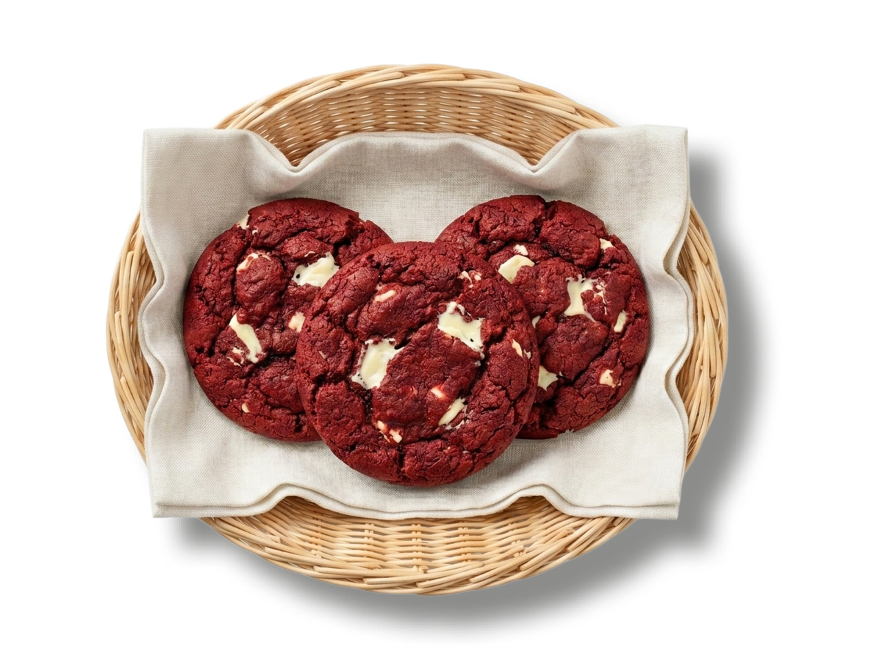Drie rode fluwelen koekjes met witte chocoladestukjes in een rieten mand met een linnen doek.