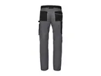 Back view of a pair of grey work trousers with black pockets and reflective accents.