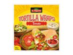Packaging for tomato tortilla wraps, featuring a vegan label and showing wraps with fillings, salsa, and salad.