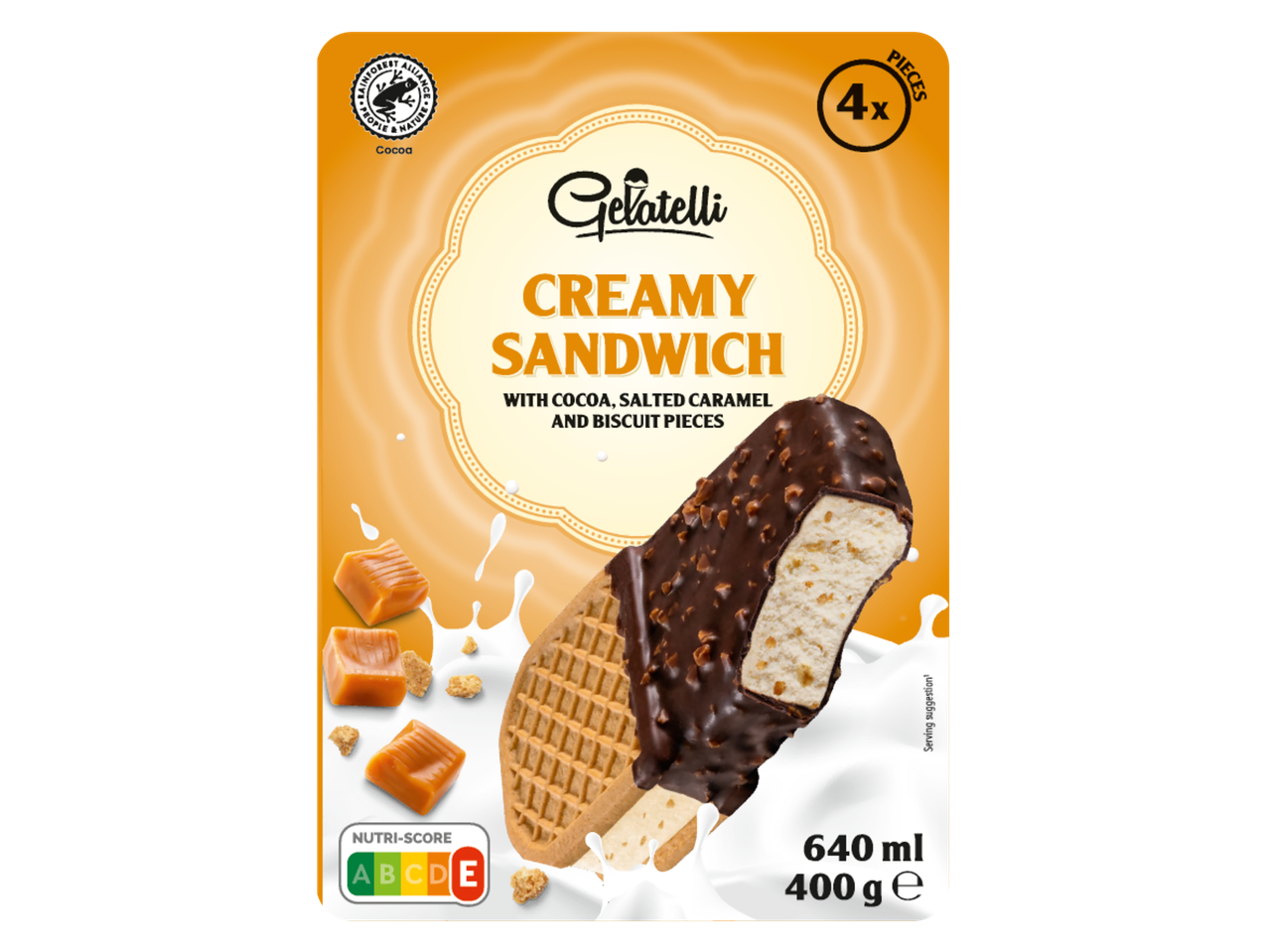 Pakend karamelli ja küpsistega võileivajäätisega, 4 tükki, 640 ml.