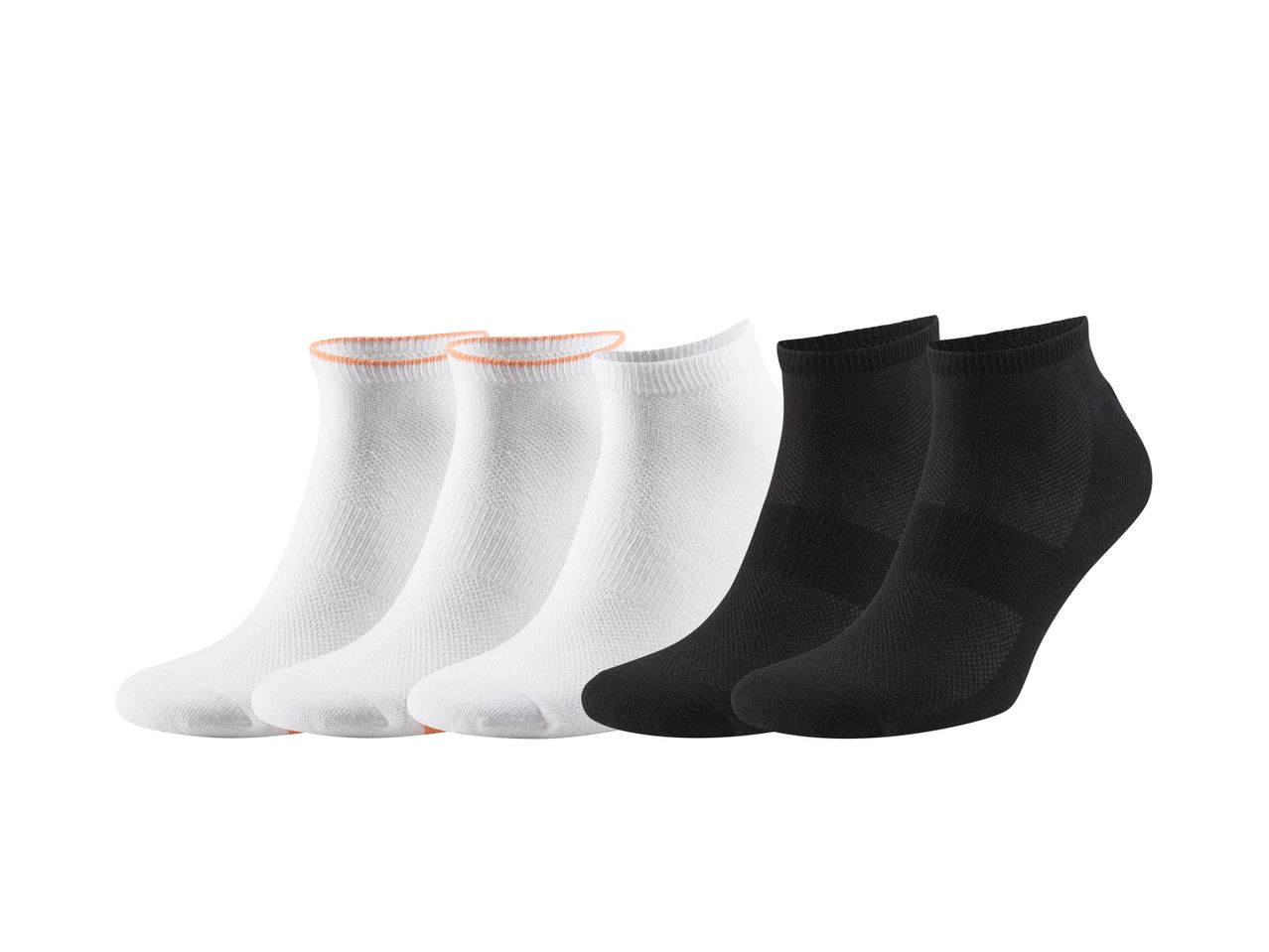 Five sports socks: three white, two black.