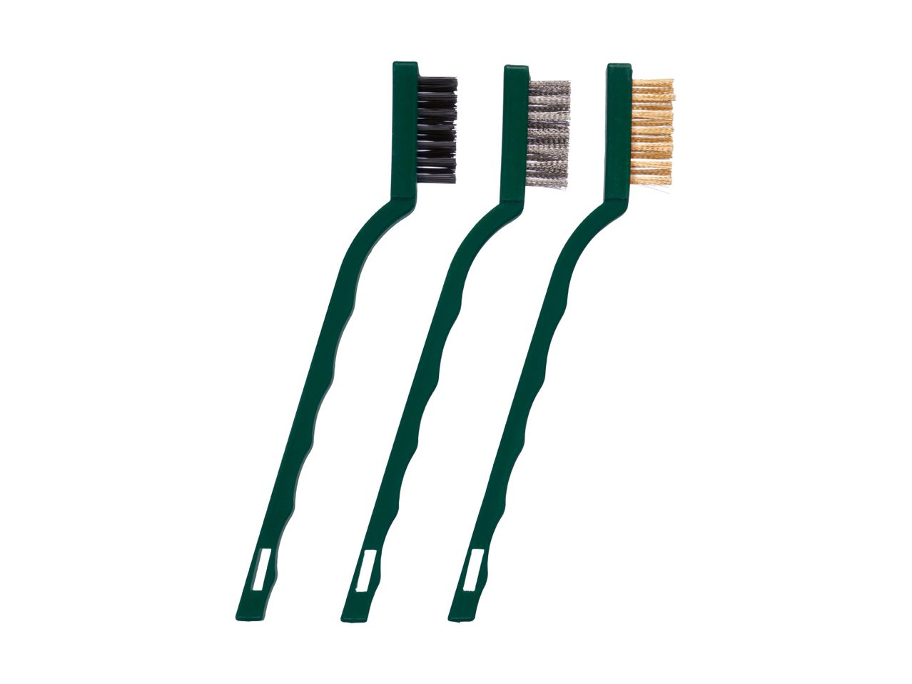 Three gun cleaning brushes with dark green handles.