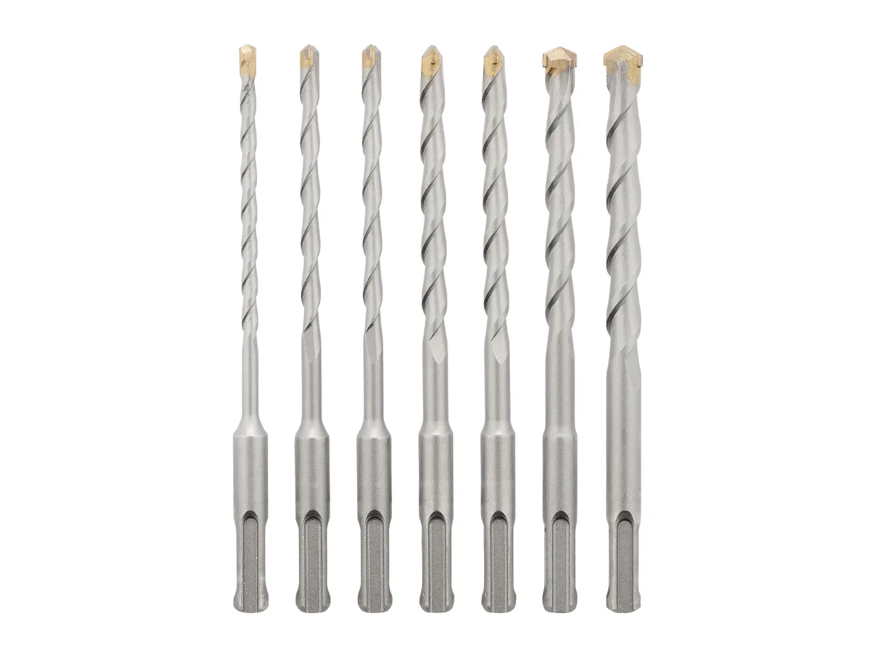 Set of eight SDS plus hammer drill bits of varying sizes with carbide tips.