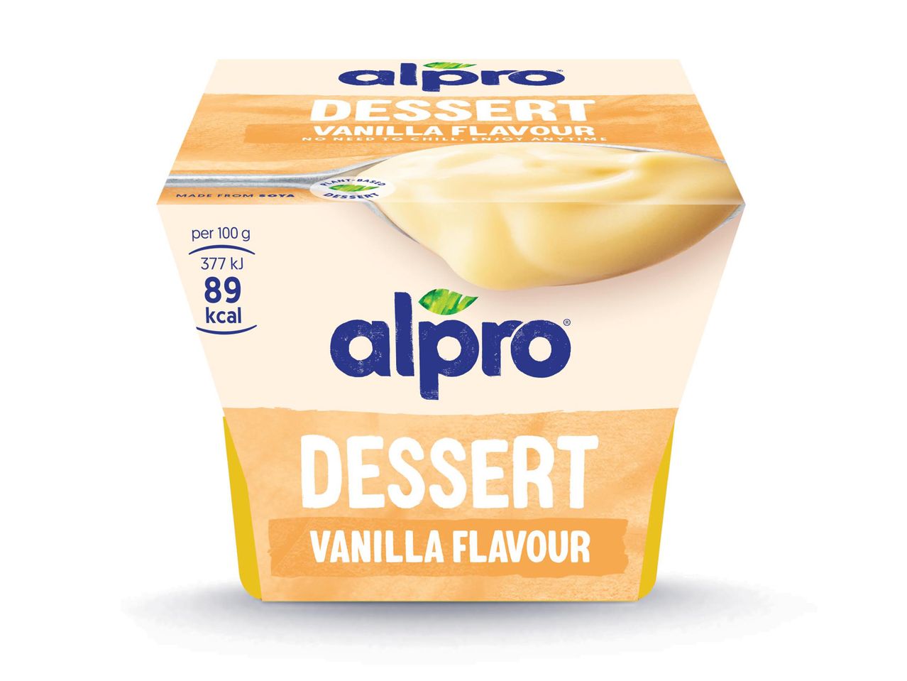 Alpro vaníliás desszert, szója alapú, hűtés nélkül is fogyasztható.