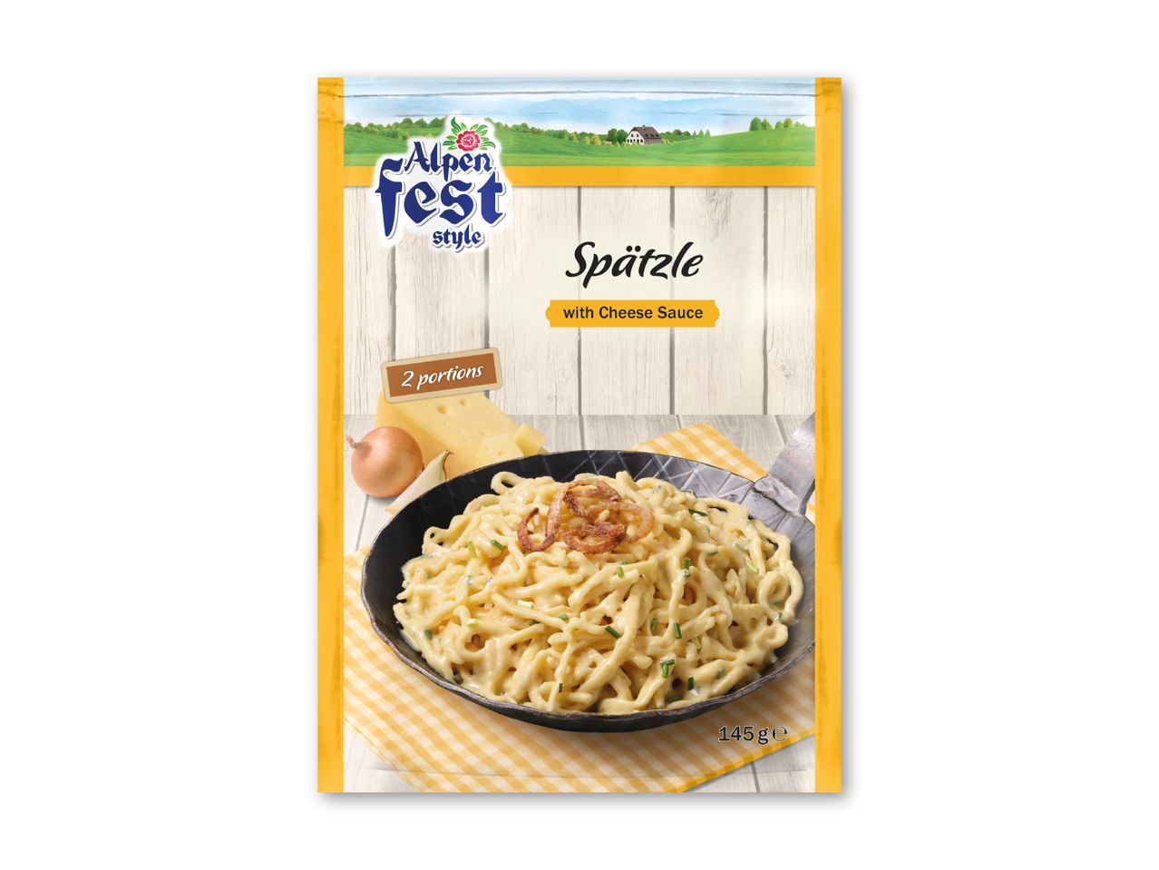 Spätzle med ostesauce, 2 portioner, 145g, med et alpefest-tema.