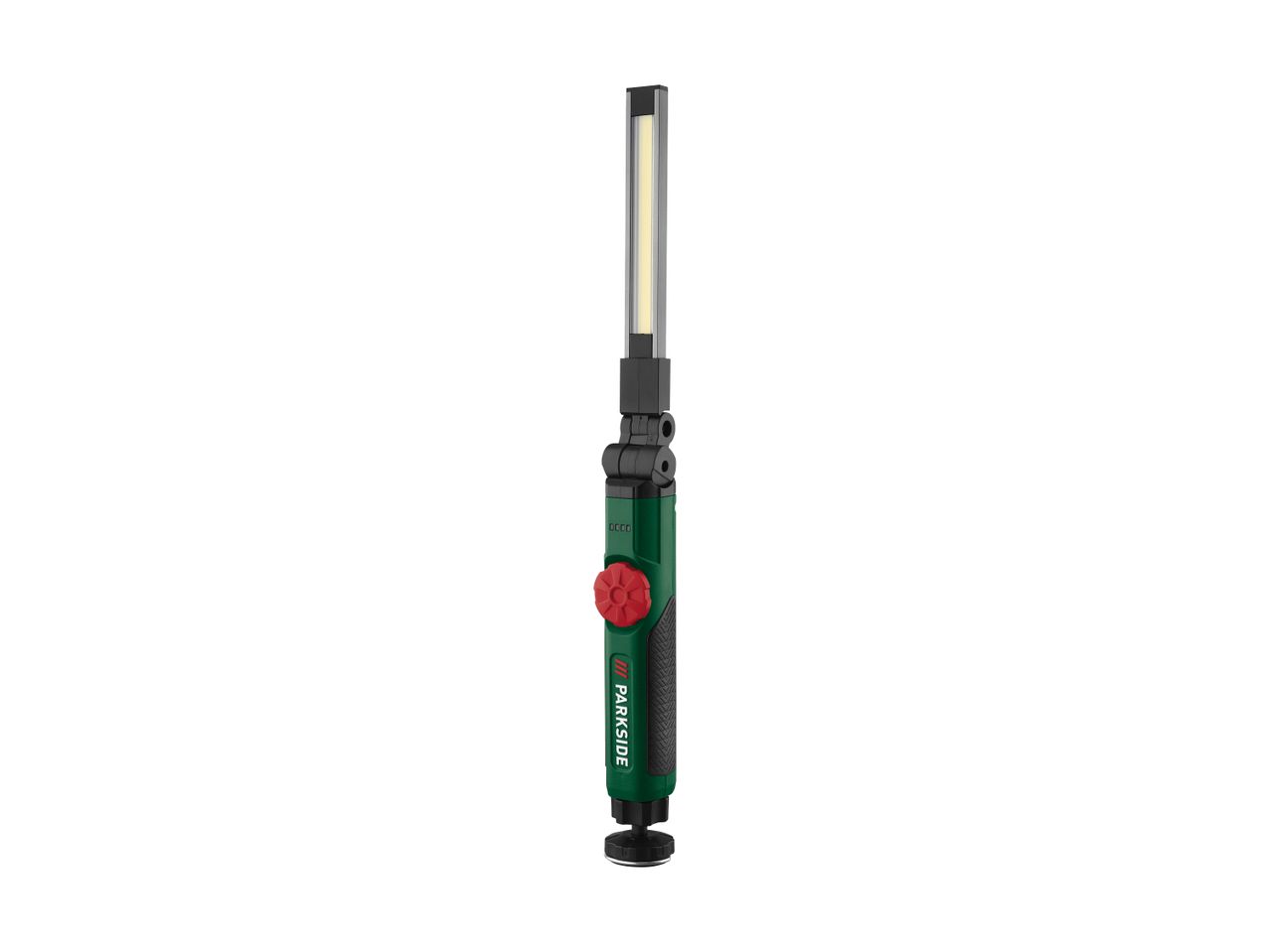Green and black LED work light with a red adjustment knob and a magnetic base.