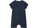 Βρεφική ολόσωμη φόρμα ύπνου σε σκούρο μπλε με κοντά μανίκια και πόδια, πίσω όψη.