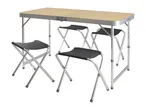 Portable camping table with four folding stools, ideal for outdoor activities.