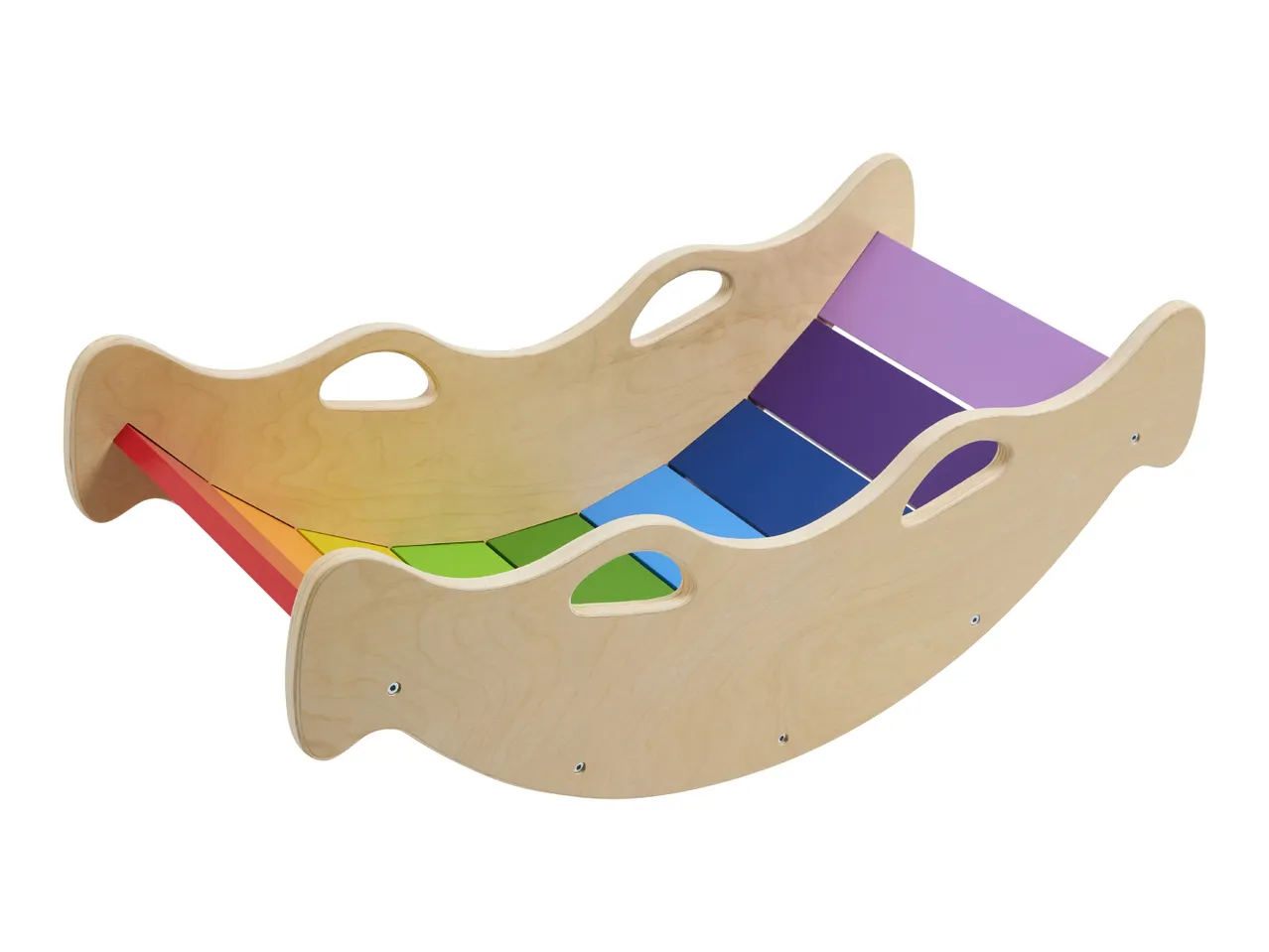 Wooden rainbow rocker board with colorful slats, designed for children's play.