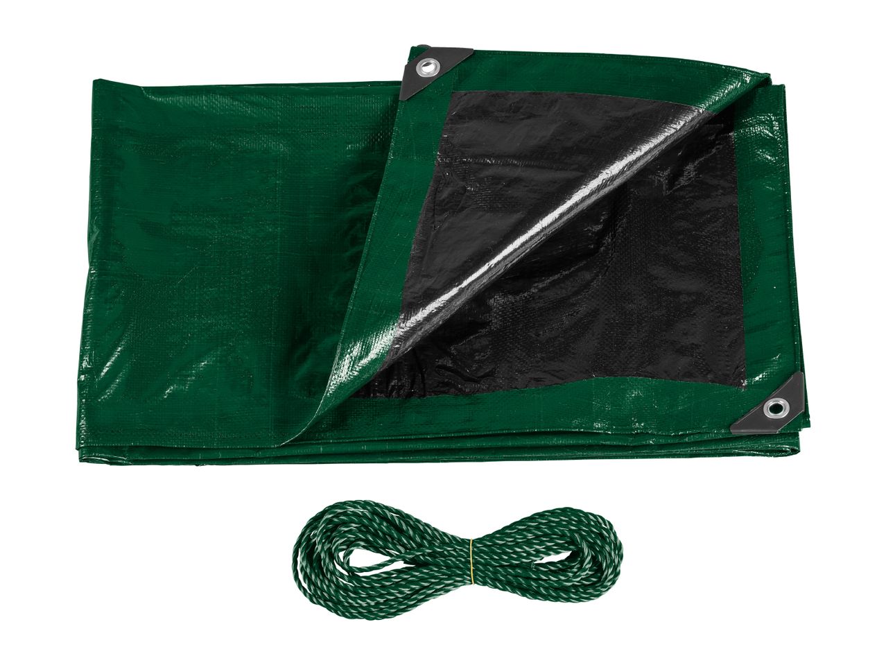 Green tarp with black underside and a coiled green rope.