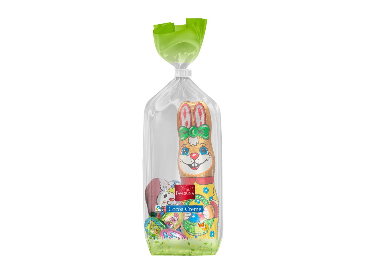 Easter chocolate bunny and eggs in a clear bag with a green top.