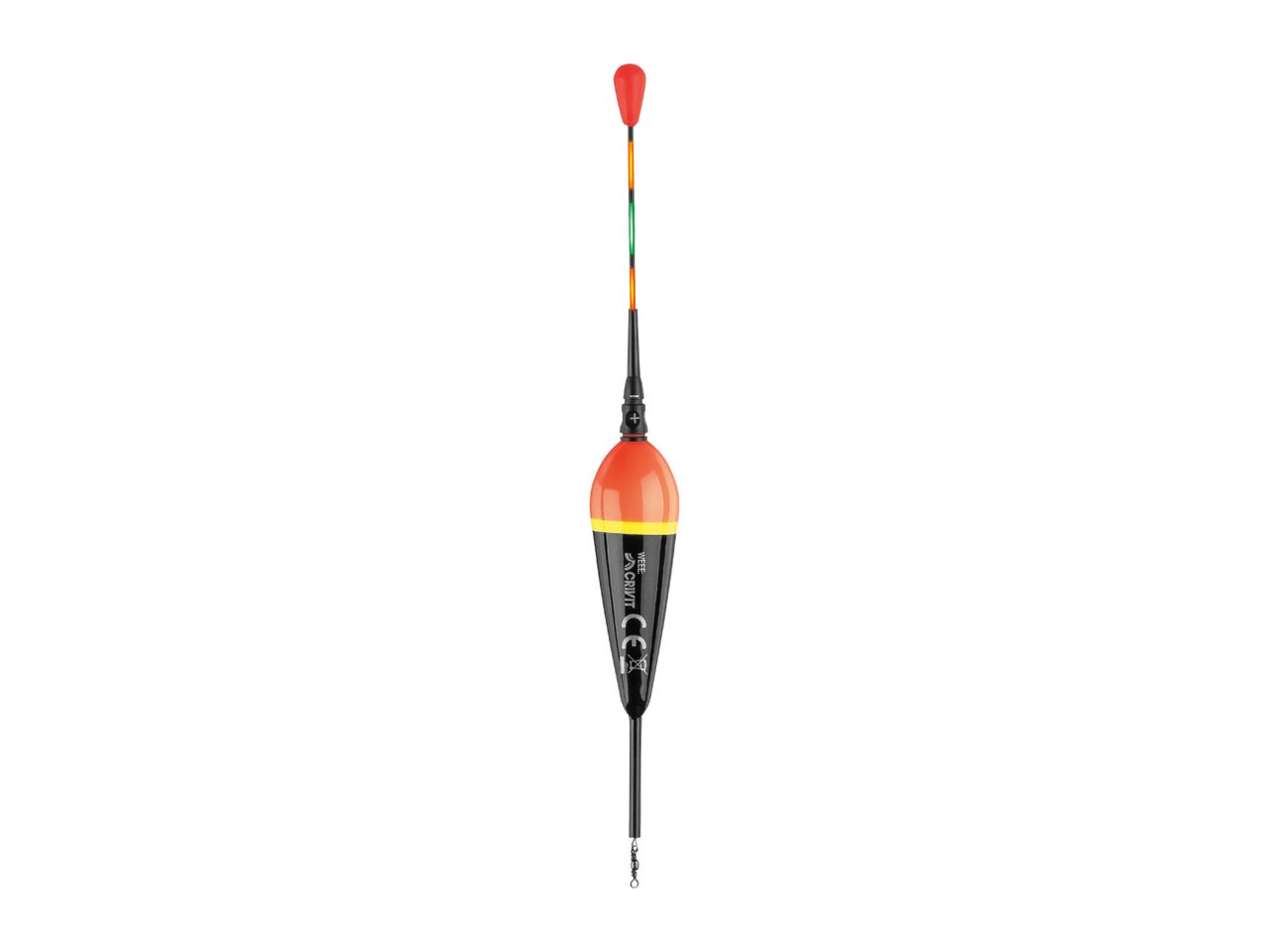 Fishing float with an orange top, black body, and a swivel at the bottom.