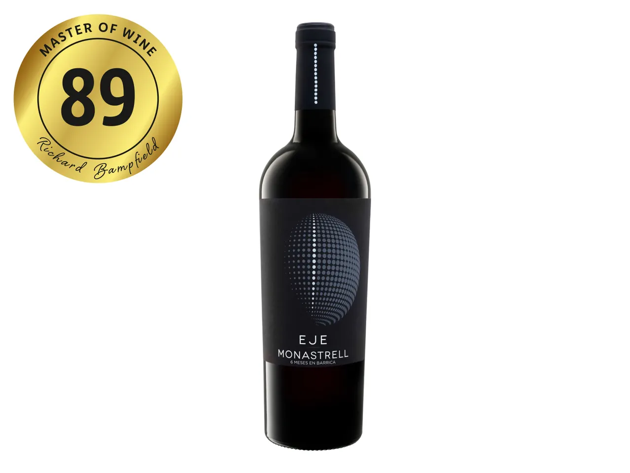 A bottle of the Eve Monastrell red wine with a black label featuring a dotted sphere design next to a gold Master of Wine medal.