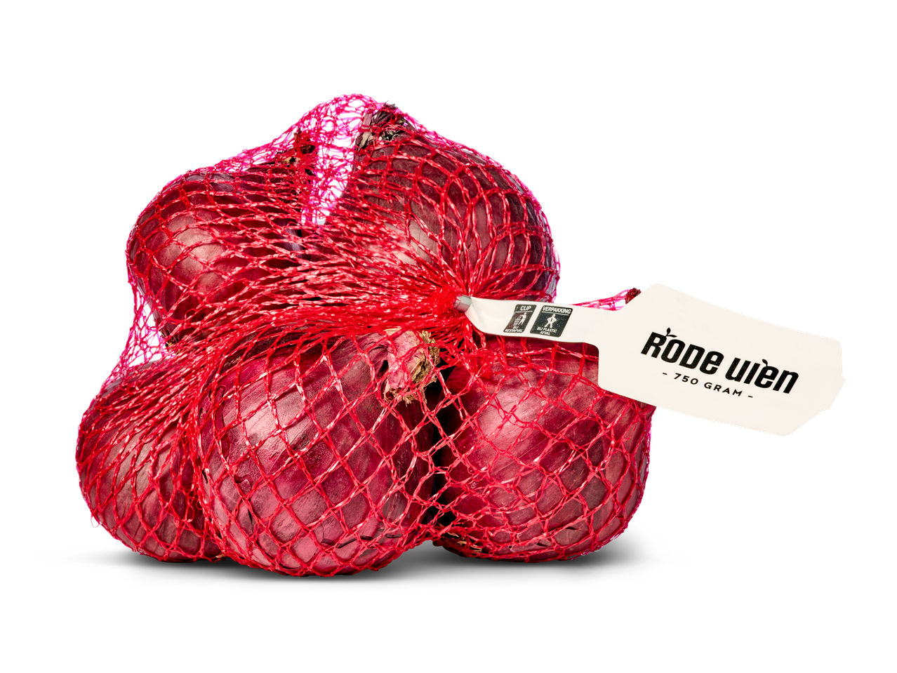 Rode uien in een rood netje met een wit etiket met 'Rode uien - 750 gram'