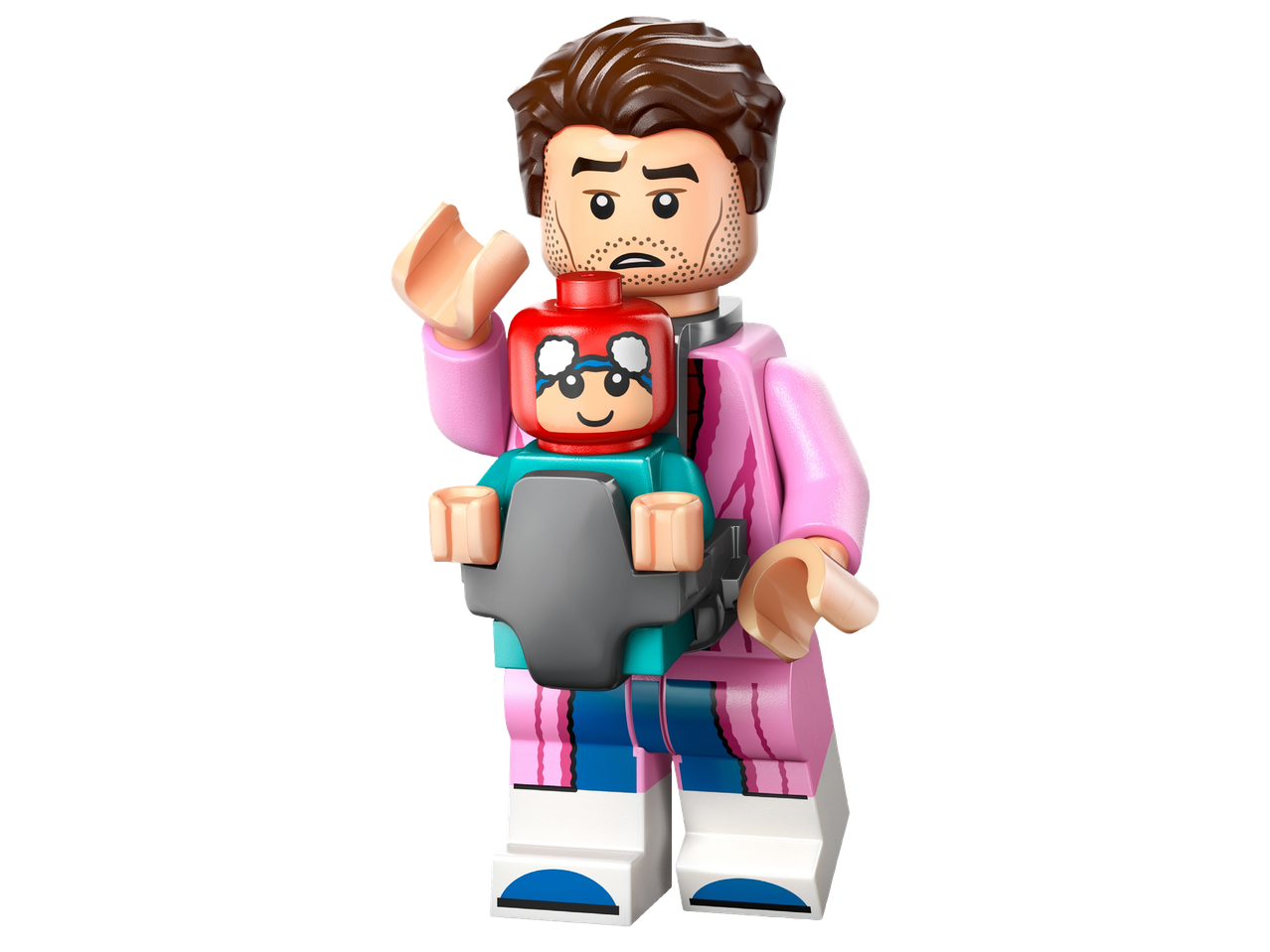 Лего фигурка на мъж в розово облекло, носещ бебе в кенгуру