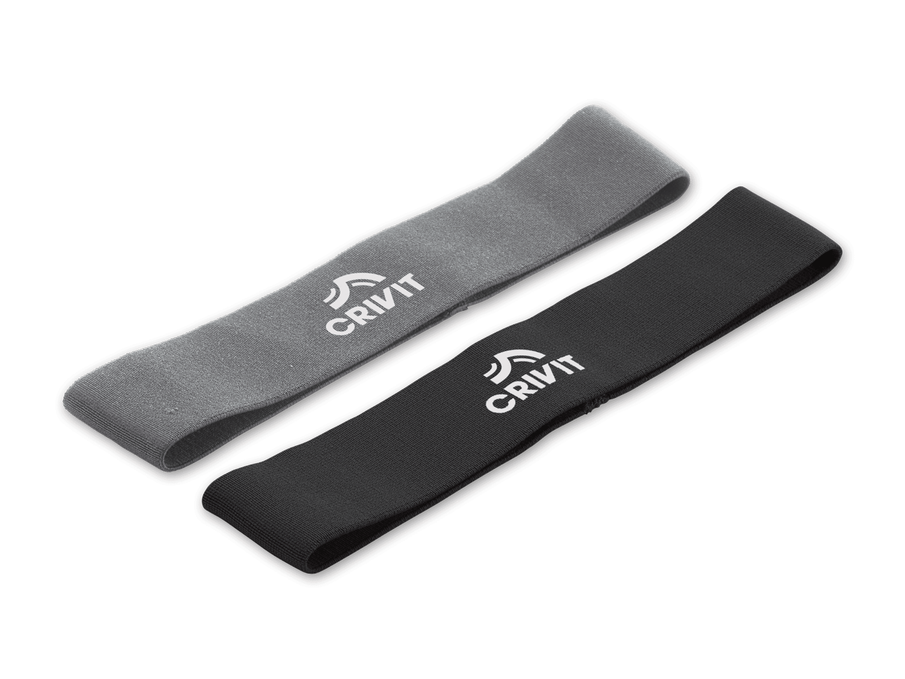 Zwei Crivit Fitnessbänder in Grau und Schwarz.