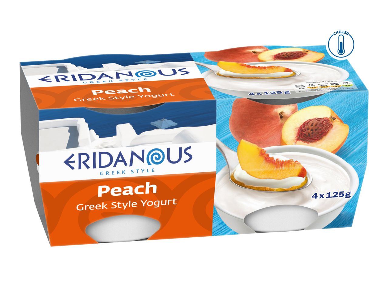 Eridanous Greek Style Peach Yogurt, 4x125g pack, with peaches and a chilled icon.