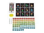 A children's learning set with a toy smartphone, chalkboards, and letter/number tiles.