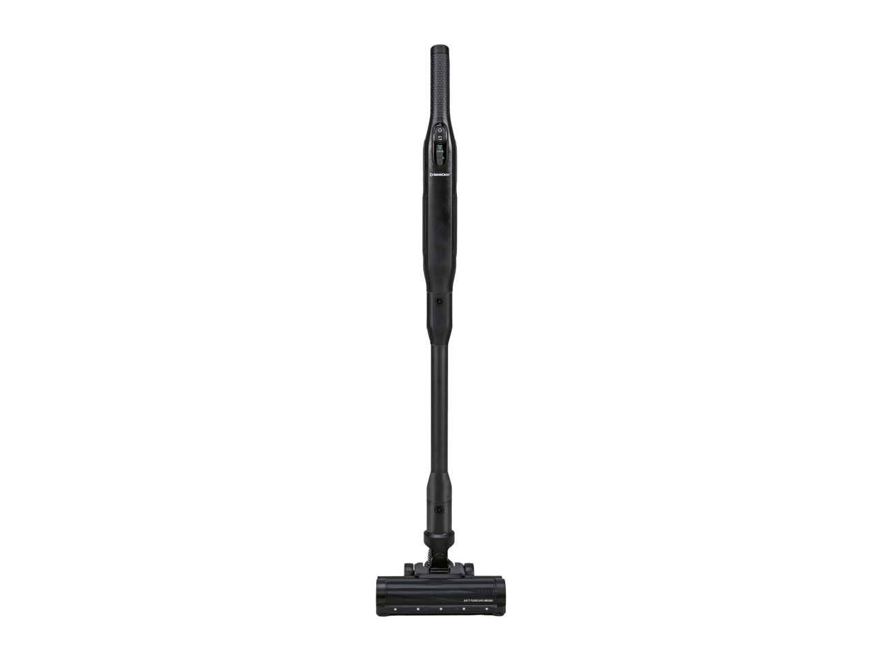 Black cordless stick vacuum cleaner with an anti-tangling brush head