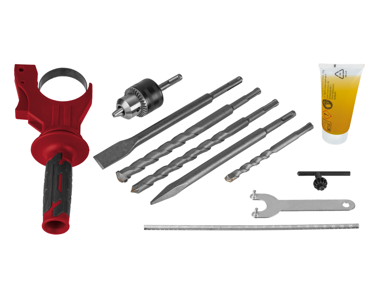 Kit de furadeira com cabo vermelho, brocas e lubrificante.