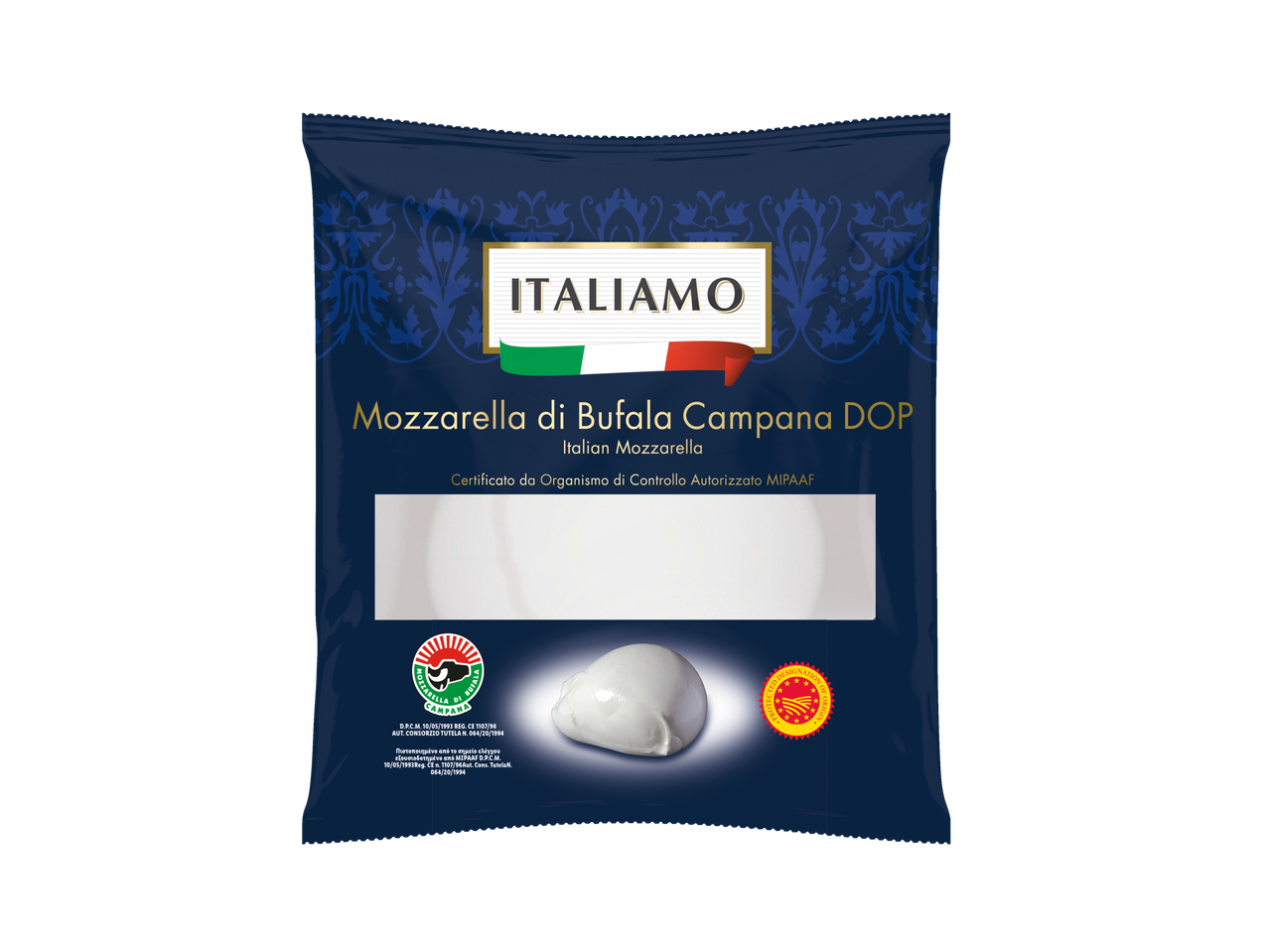 Italiamo Mozzarella di Bufala Campana DOP packaging with a single mozzarella ball.