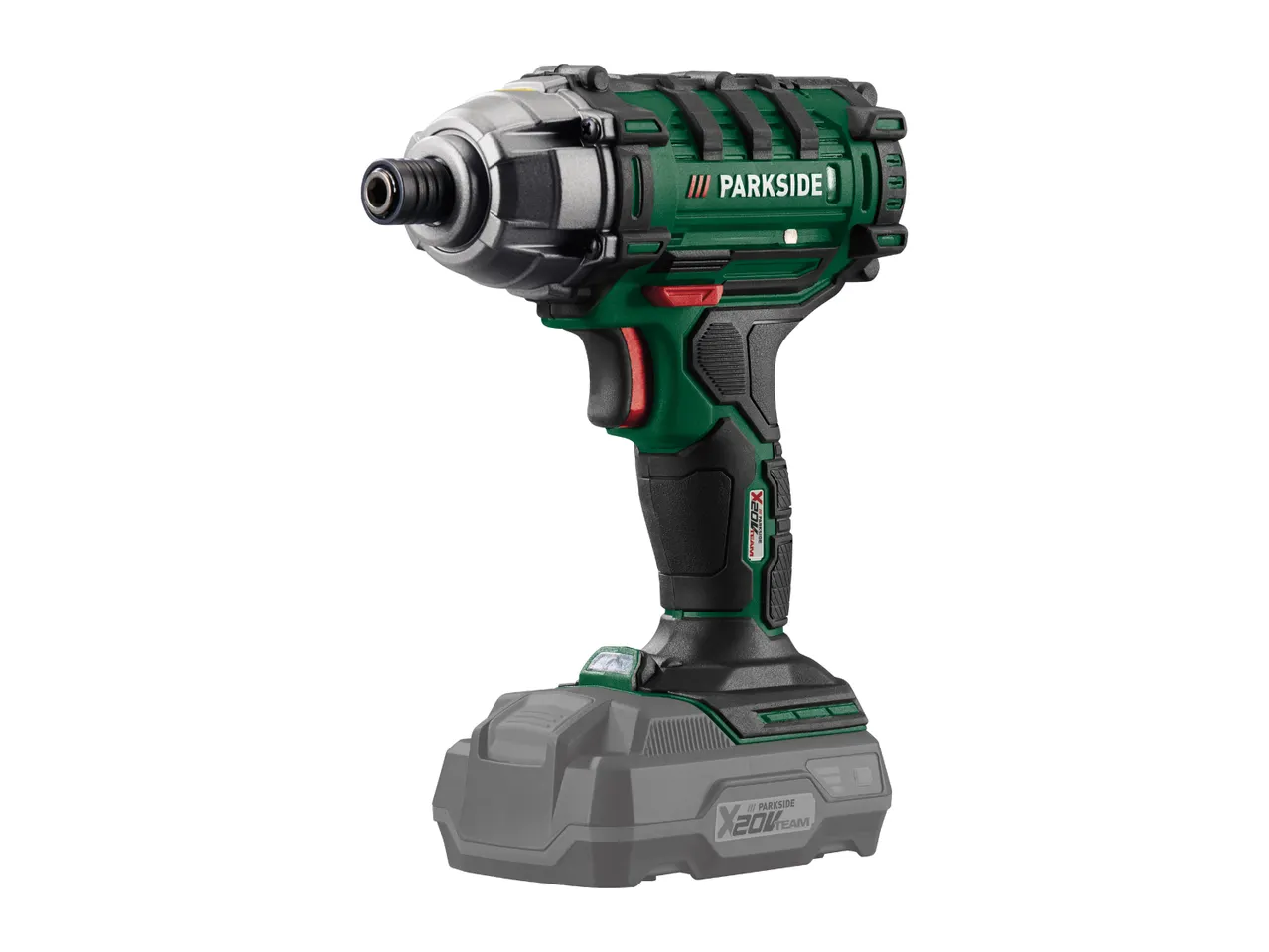 A green and black Parkside cordless impact driver with a gray battery pack.