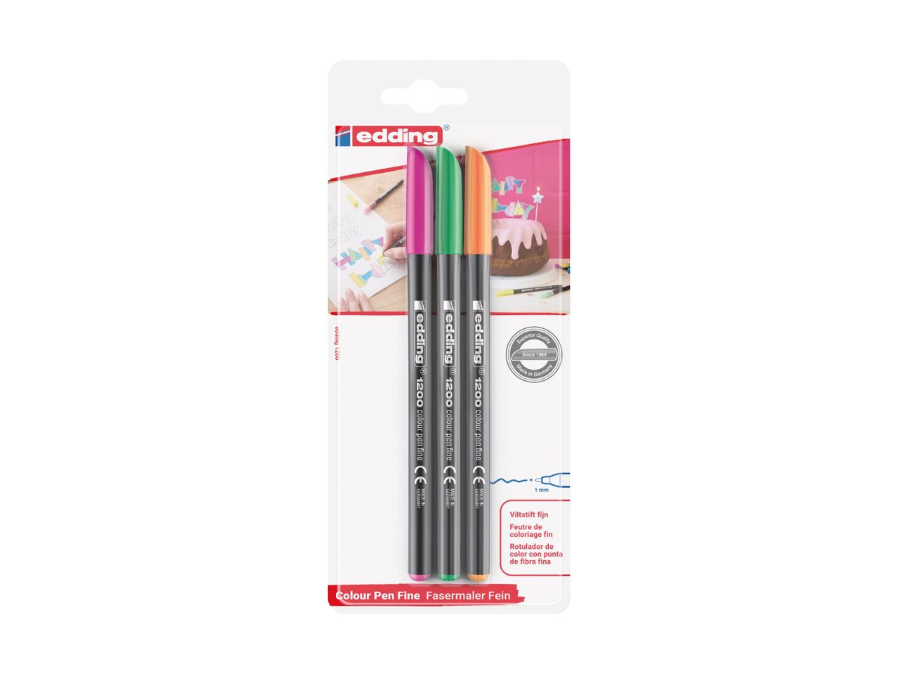 edding 1200 farvepenne i pink, grøn og orange i blisterpakke.
