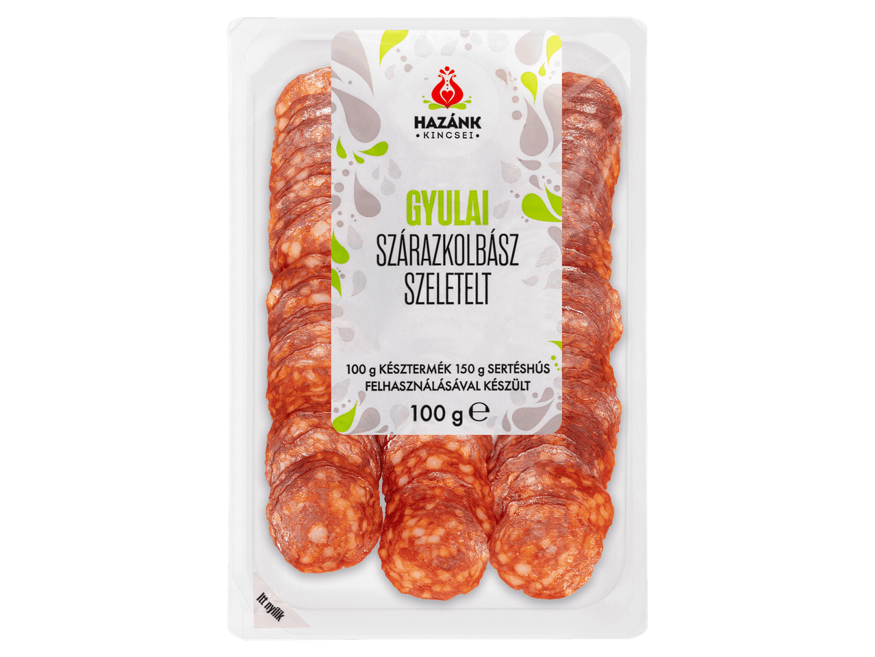Szeletelt gyulai szárazkolbász védőgázas csomagolásban.