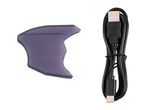 Purple gua sha tool and a black USB-A to USB-C charging cable.