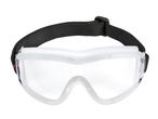 Clear safety goggles with a black elastic strap.