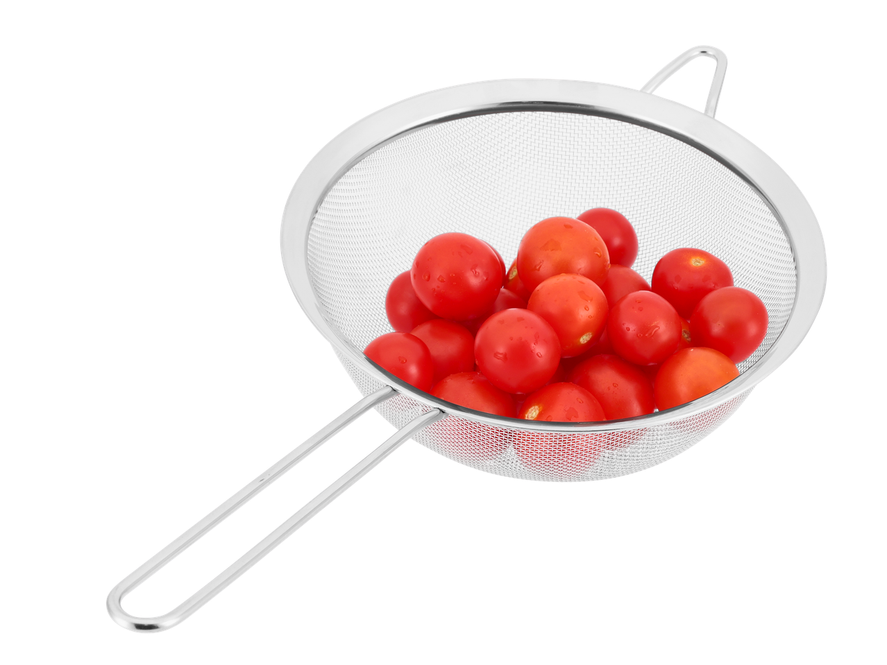 Passoire en acier inoxydable contenant des tomates cerises.