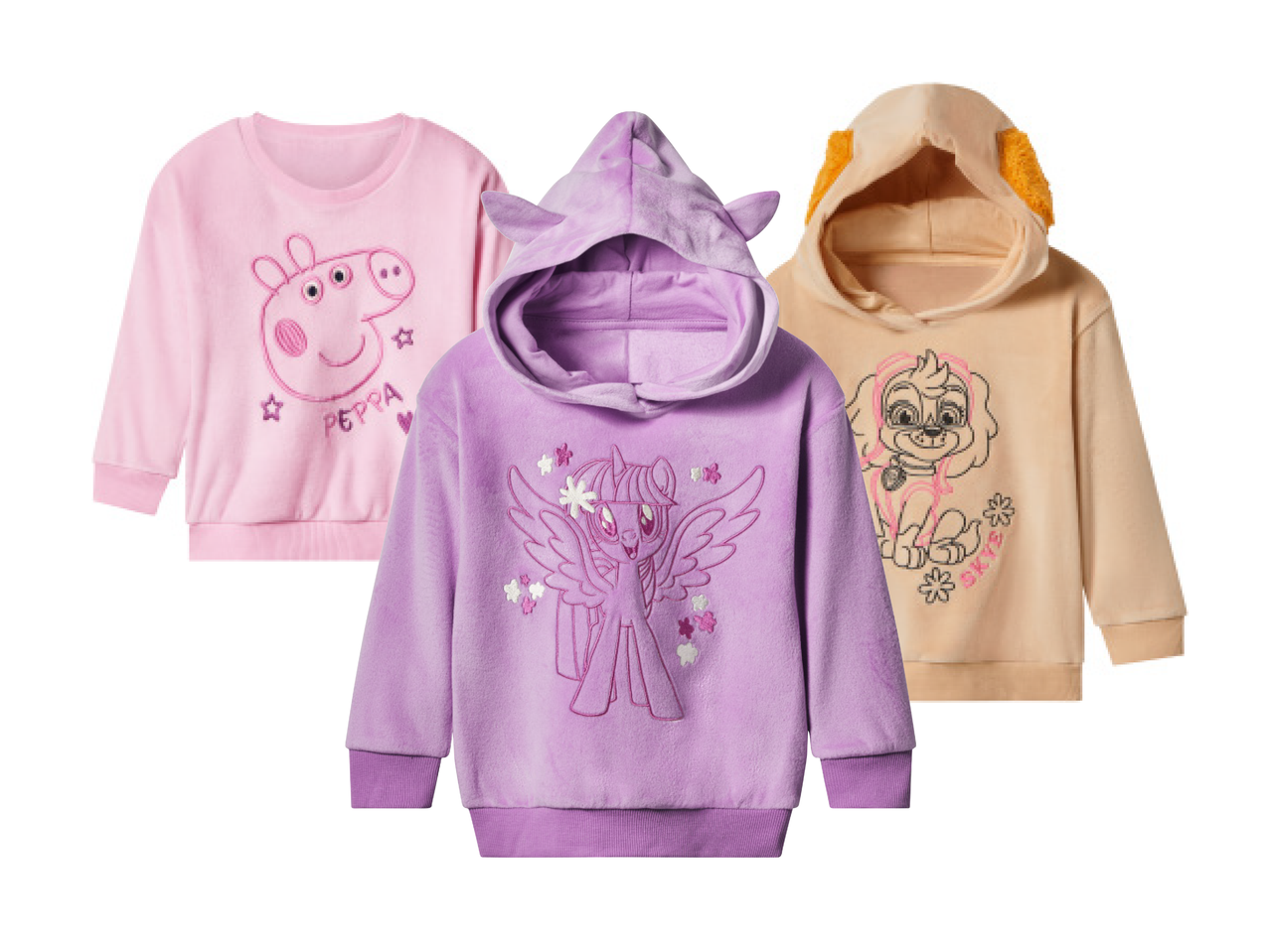Dječje majice s kapuljačom i dugim rukavima s likovima Peppe Pig, My Little Pony i Skye iz Paw Patrol.