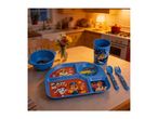 Blue Paw Patrol themed children's dinnerware set with plate, bowl, cup, fork, and spoon.