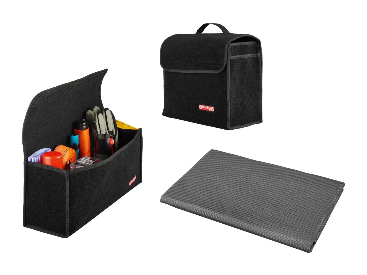 Peak Design Kofferraum-Organizer-Set: zwei Boxen und eine Matte.