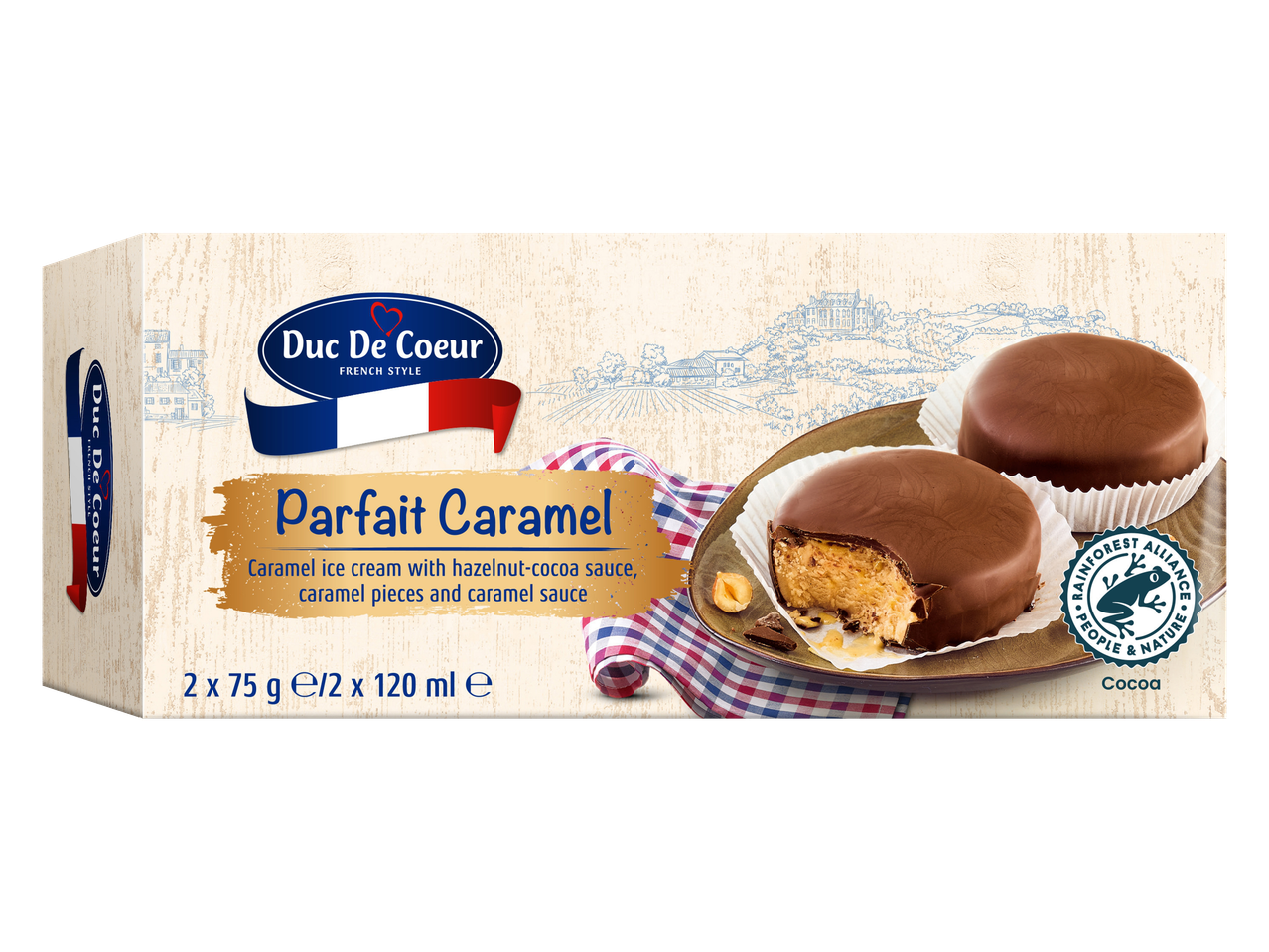 „Duc De Coeur“ karamelinis parfe su lazdyno riešutų ir kakavos padažu, karamelės gabalėliais ir karamelės padažu.