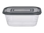 Clear rectangular food storage container with a dark gray lid