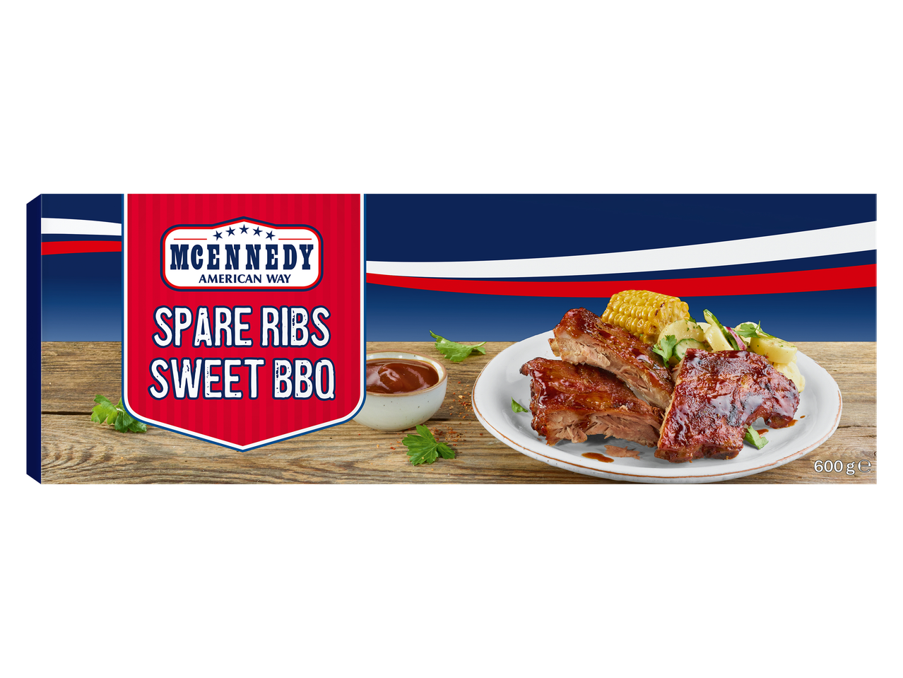 Boîte de travers de porc sauce barbecue avec maïs et salade de pommes de terre.