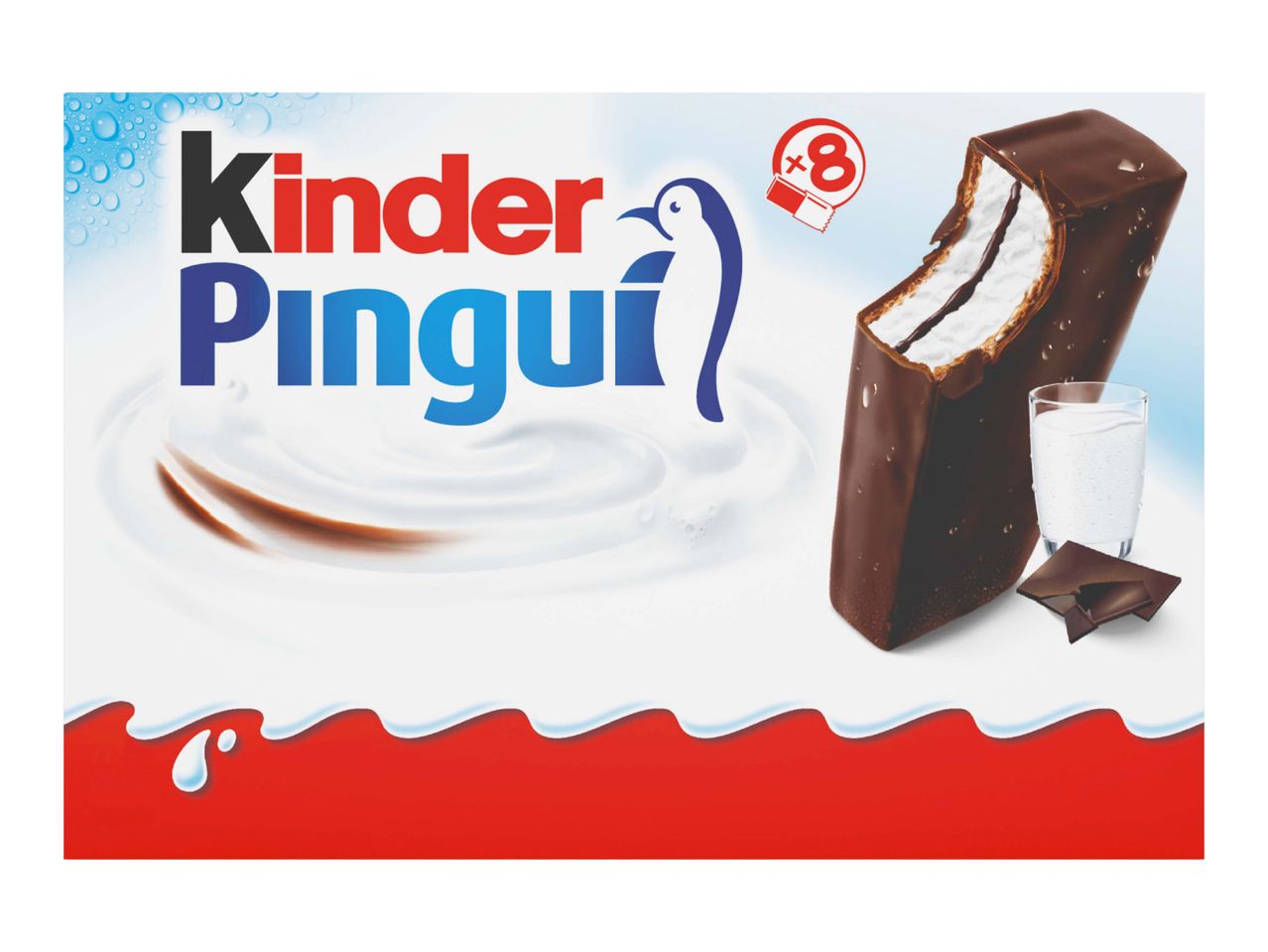 Chocolate-covered milk slice snack packaging with a glass of milk and chocolate pieces.
