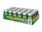 En kasse med 24 grønne sodavandsdåser med teksten '0 Kalorier' og 'Faxe Kondi'.