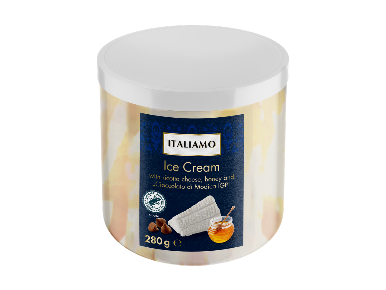 Gelado ITALIAMO com queijo ricota, mel e 'Cioccolato di Modica IGP' num copo.